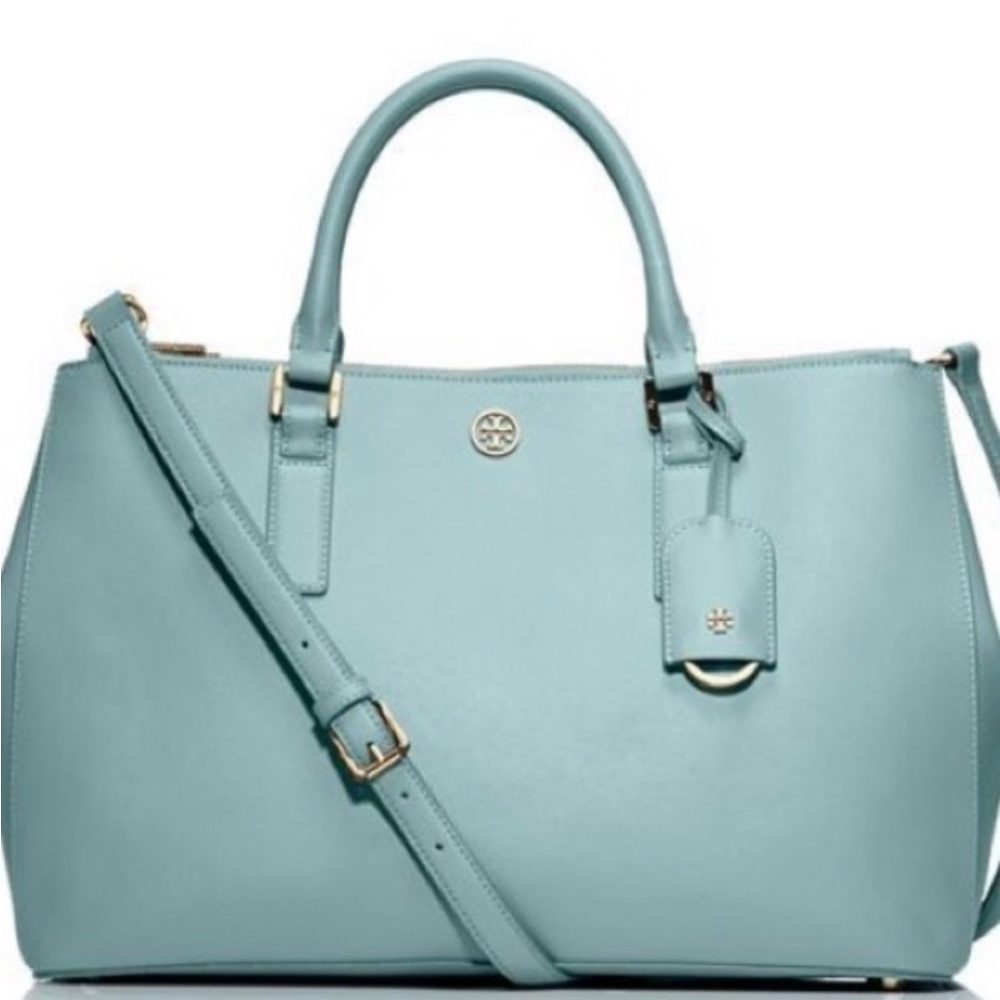 Tory Burch Robinson Elegant Egg Blue double zipper tote